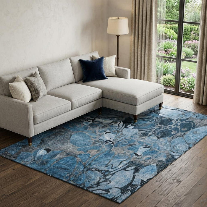 10' X 14' Abstract Distressed Washable Area Rug With UV Protection (648970) - Blue / Ivory / Gray