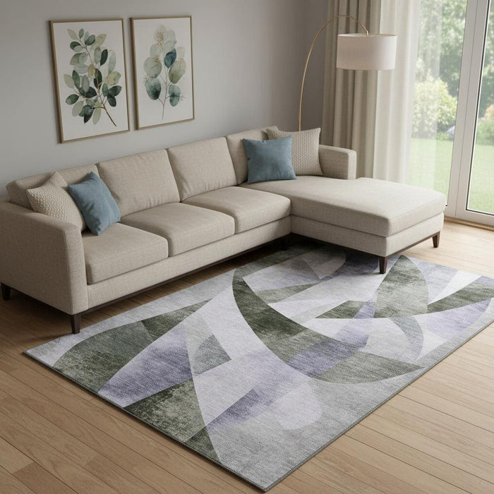 10' X 14' Abstract Geometric Washable Area Rug With UV Protection (705269) - Olive Green / Purple