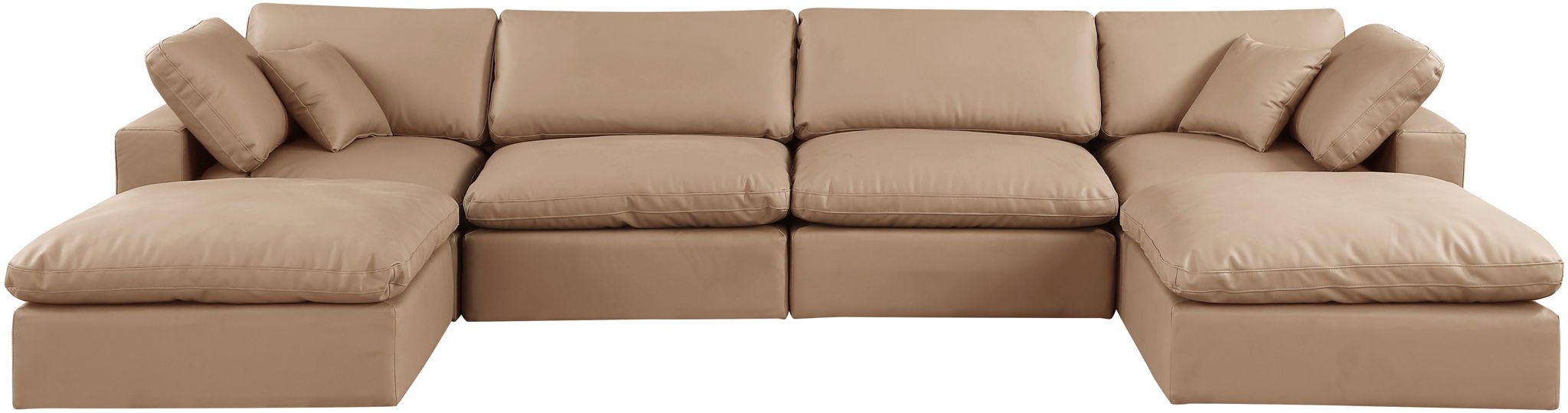 Comfy - 6 Piece Faux Leather Modular Double Chaise Sectional - Tan