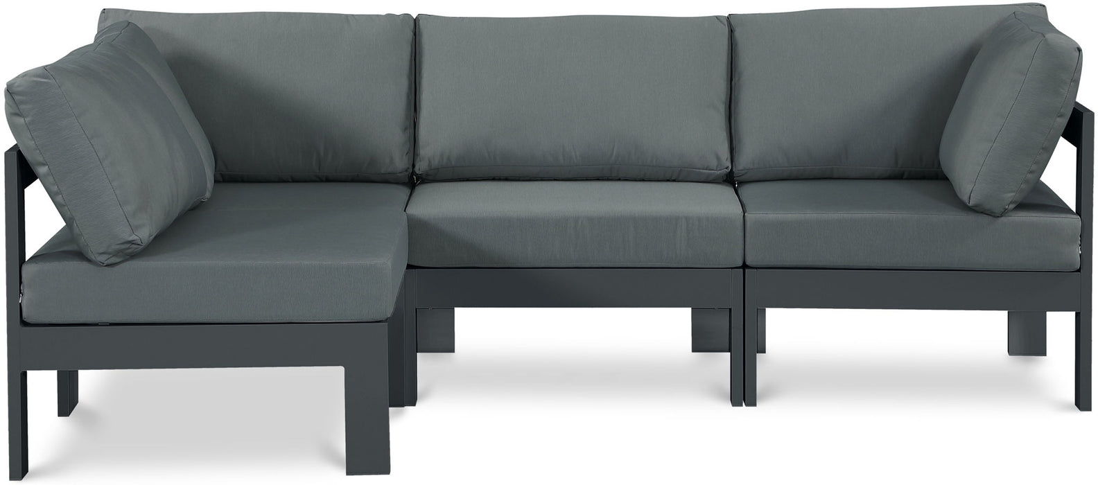 Meridian Furniture Nizuc outdoor patio 4-piece modular sectional with gray frame, featuring plush cushions and modern design.