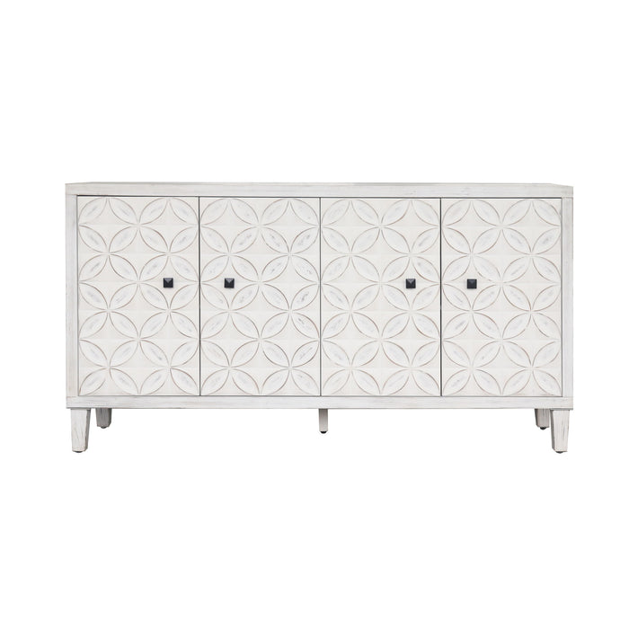 White wash Giga accent sideboard cabinet with four doors, wooden storage for living room, hallway, or dining area.