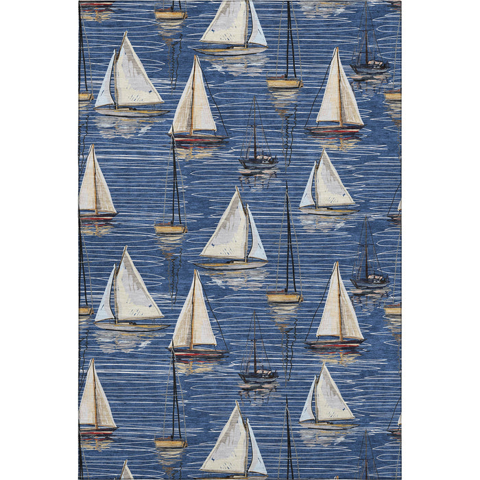 9' X 12' Nautical Washable Area Rug With UV Protection - Navy Blue