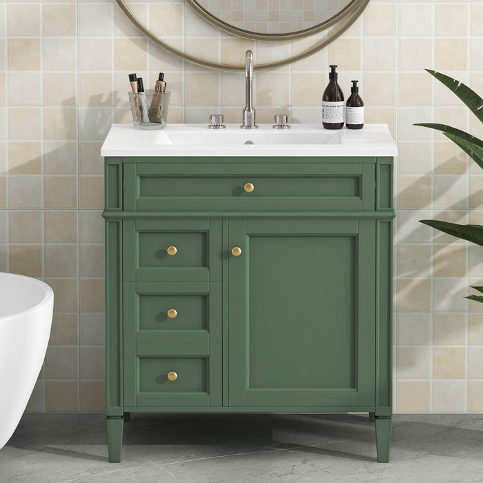Giga bathroom vanity with top sink, storage cabinet, two drawers, and tip-out drawer for organized bathroom storage