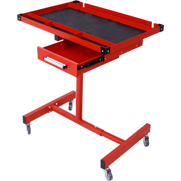 Giga adjustable tear down work table with drawer, heavy-duty steel, rubber corners, four swivel casters, portable garage or repair shop station
