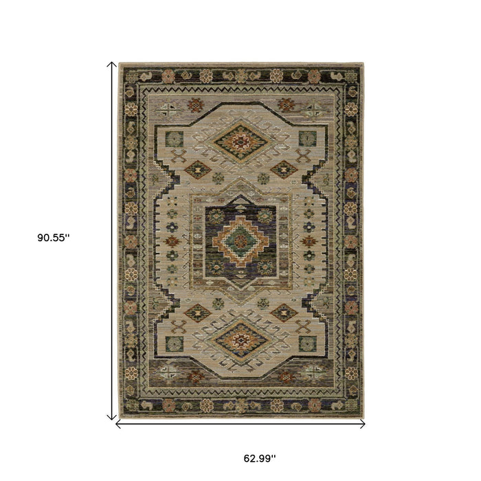 5' X 7' Tribal Area Rug - Gray And Green