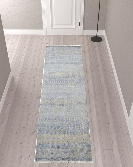 10' Wool Striped Hand Knotted Runner Rug - Blue And Silver