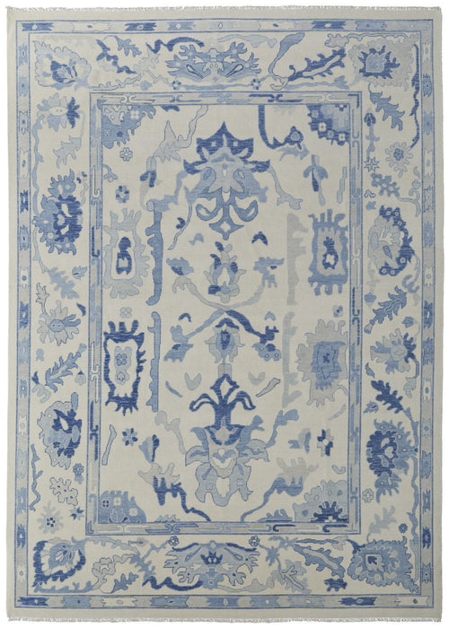 9' X 13' Wool Floral Hand Knotted Area Rug With Fringe - Ivory And Blue