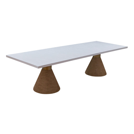 Rishi rope rectangular dining table by TOV Furniture with a woven rope design and wooden legs, modern kitchen or dining room setting