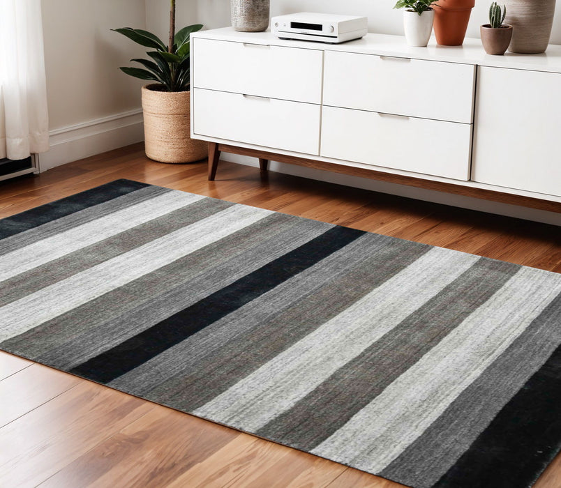 4' X 6' Wool Striped Hand Woven Area Rug - Black And Gray