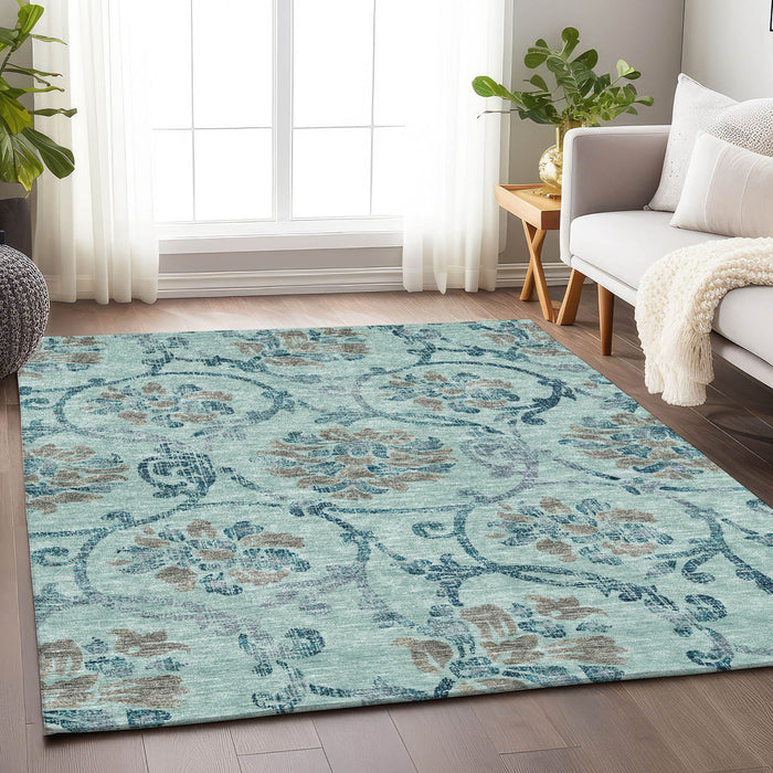 10' X 14' Floral Washable Area Rug With UV Protection - Teal And Gray
