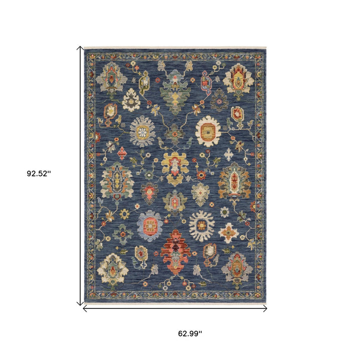5' X 8' Oriental Area Rug With Fringe - Blue And Red