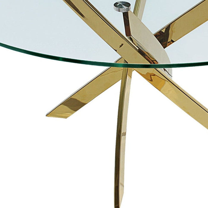 54" Glass And Metal Cross Leg Base Round Top Dining Table - Clear