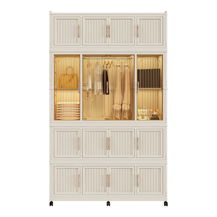 Creamy white Giga portable wardrobe closet with 17 magnetic doors, storage cubes, hanging rod, and 6 hangers.