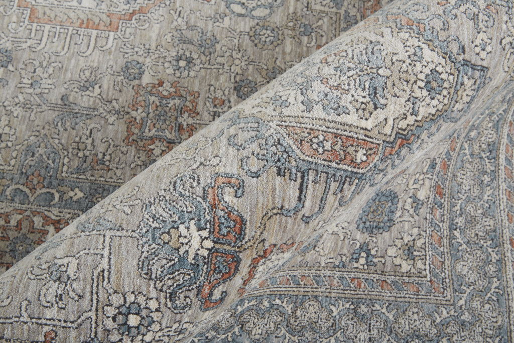 12' Oriental Power Loom Worn Faded Runner Rug With Fringe - Silver Taupe And Blue