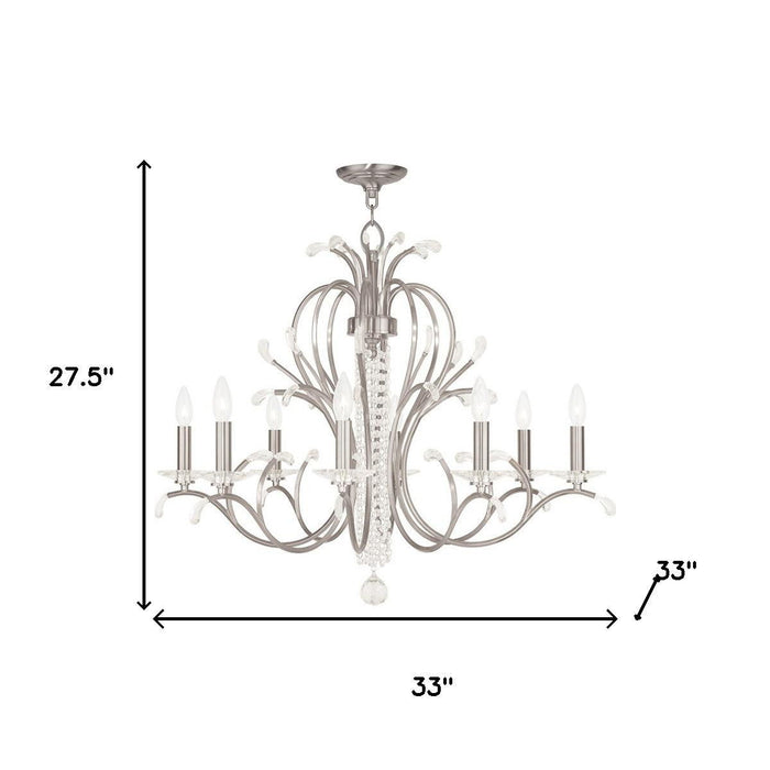 28-inch nickel and clear glass eight-light dimmable metal chandelier with shades, modern lighting fixture by HomeRoots
