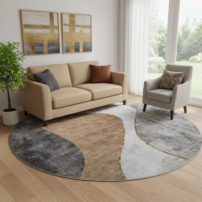 8' Abstract Washable Round Rug With UV Protection (653167) - Gray / Brown / Ivory