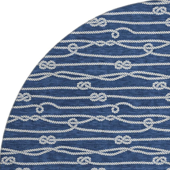8' Nautical Washable Round Rug With UV Protection - Navy Blue / Ivory