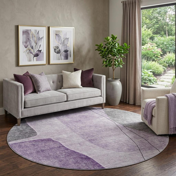 8' Abstract Washable Round Rug With UV Protection (656576) - Purple / Gray / Ivory