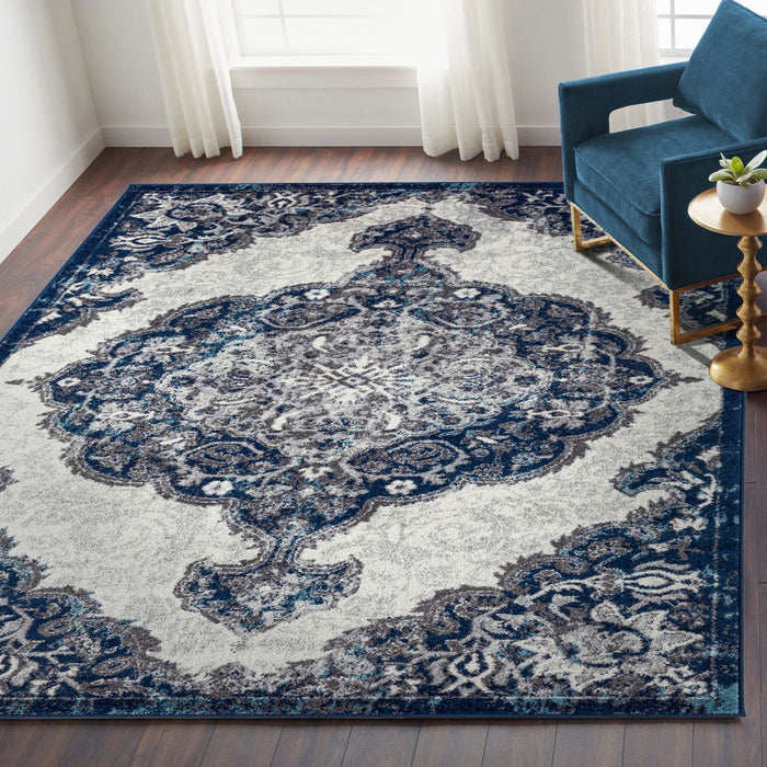 8.8' x 11.8' Medallion Power Loom Area Rug - Navy And Ivory