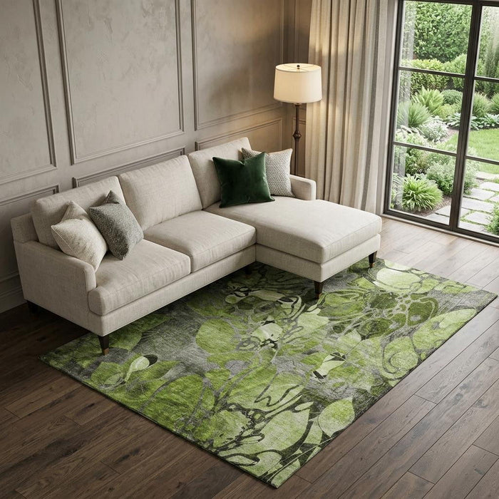 8' X 10' Abstract Distressed Washable Area Rug With UV Protection (648980) - Fern Green / Gray
