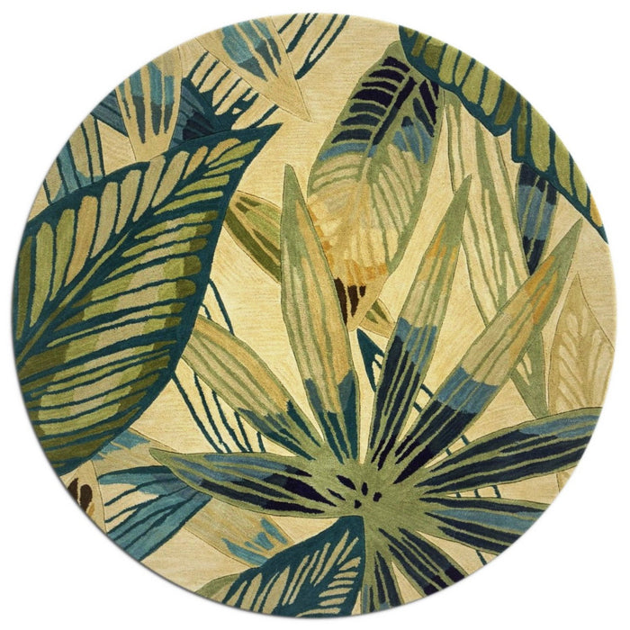 8' Hand Tufted Tropical Leaves Round Indoor Area Rug - Ivory Teal