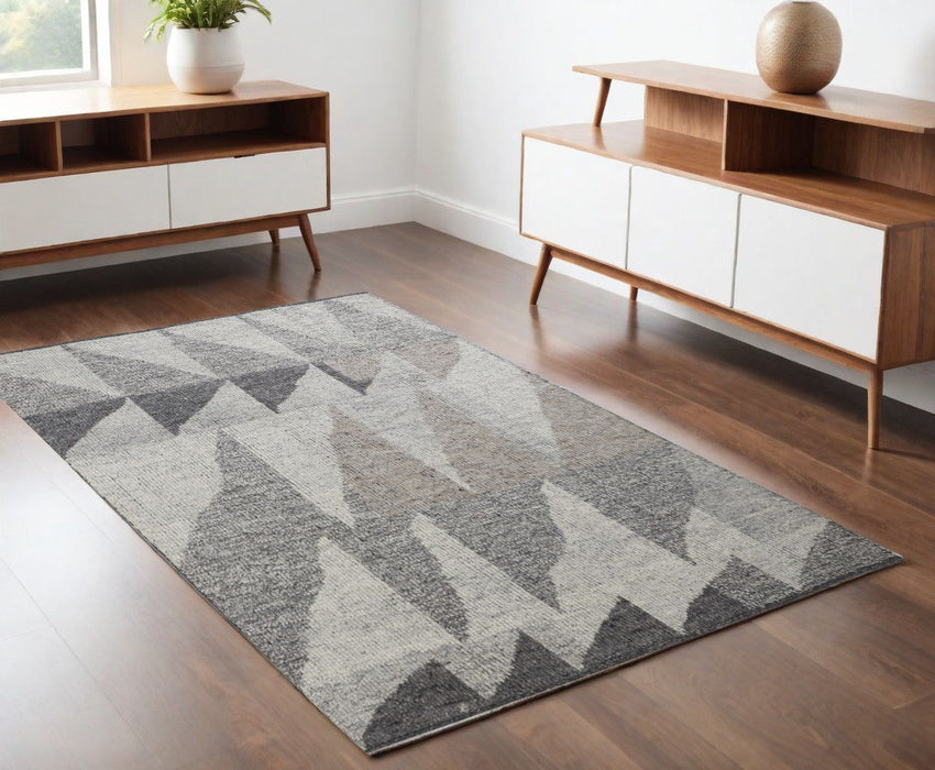 4' x 6' Wool Geometric Hand Knotted Area Rug - Gray And Ivory