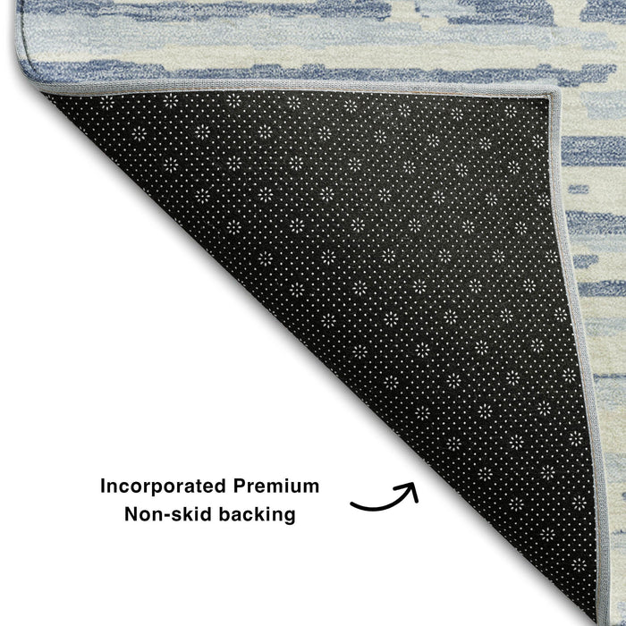 10' X 14' Striped Washable Area Rug With UV Protection (670591) - Sky Blue / Ivory
