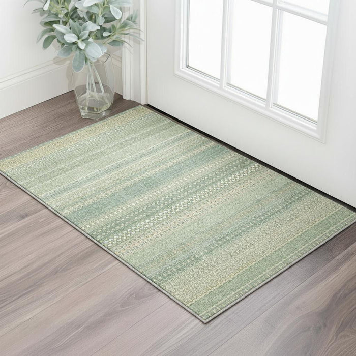 3' X 5' Striped Washable Area Rug With UV Protection (647483) - Fern Green / Ivory