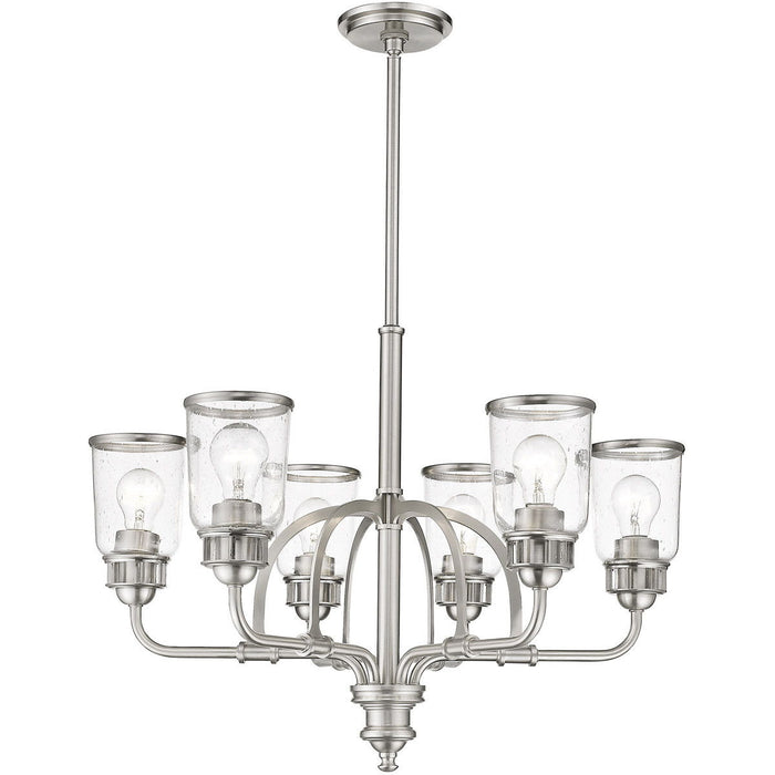 HomeRoots 27-inch six-light metal chandelier with clear shades, dimmable design in nickel finish, modern lighting fixture.
