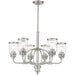 HomeRoots 27-inch six-light metal chandelier with clear shades, dimmable design in nickel finish, modern lighting fixture.