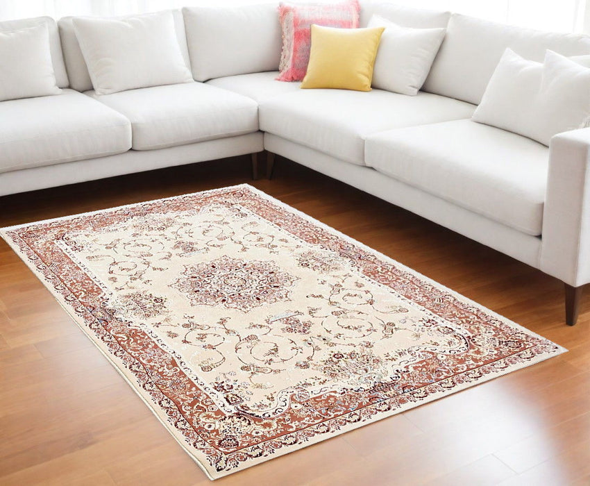 8' x 11' Oriental Power Loom Area Rug - Orange And Ivory