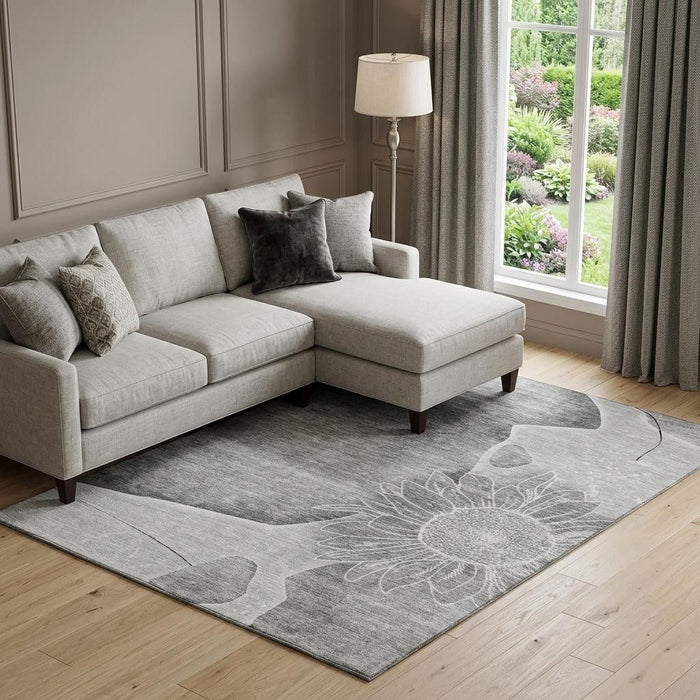 10' X 14' Floral Washable Area Rug With UV Protection (656801) - Gray / Silver