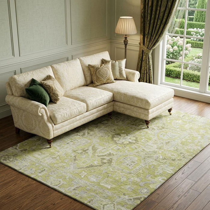 9' X 12' Oriental Washable Area Rug With UV Protection (649695) - Fern Green / Ivory