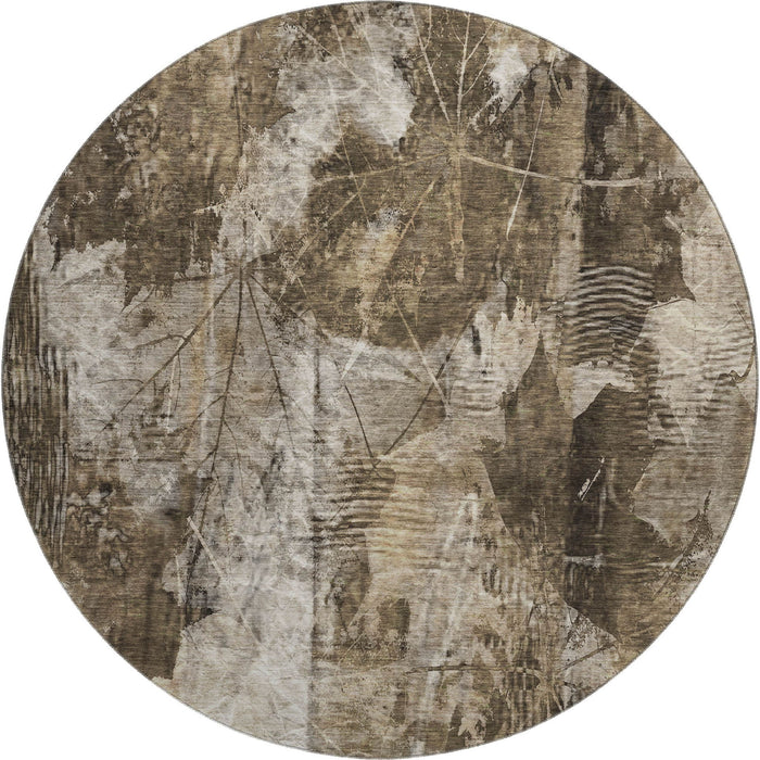 8' Floral Washable Round Rug With UV Protection (649087) - Taupe / Ivory