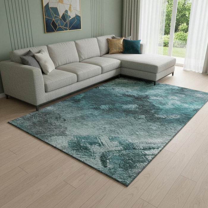 10' X 14' Abstract Washable Area Rug With UV Protection (650536) - Teal / Ivory / Gray