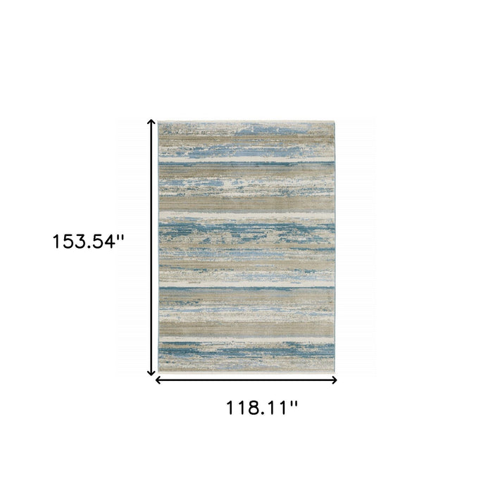 10' x 13' Abstract Power Loom Stain Resistant Area Rug With Fringe - Ivory Beige Gray Blue And Tan
