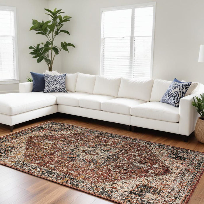 8' x 10' Abstract Distressed Area Rug With Fringe - Red Ivory And Black