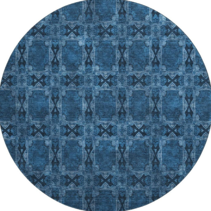 8' Floral Medallion Washable Round Rug With UV Protection (649501) - Navy Blue / Gray