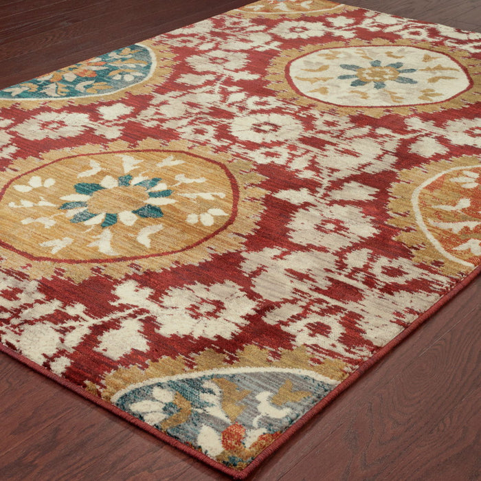 10' x 13' Oriental Power Loom Stain Resistant Area Rug - Red Gold Teal Gray Ivory And Blue