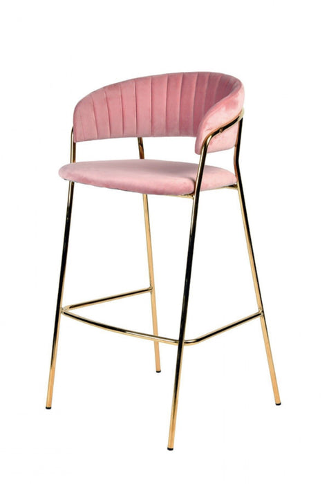 Set of 2 HomeRoots steel low back bar height chairs in pink and gold with modern design, perfect for stylish bar or counter seating.