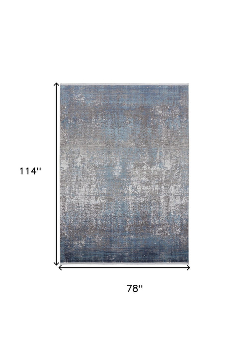 7' x 10' Abstract Power Loom Distressed Area Rug With Fringe - Blue Gray And Silver