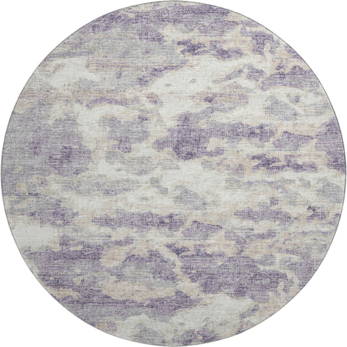 8' Abstract Washable Round Rug With UV Protection - Purple / Ivory
