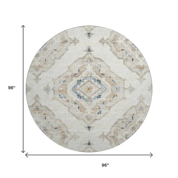 8' Tribal Distressed Washable Round Rug With UV Protection (644177) - Linen / Ivory / Blue
