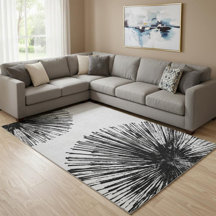 10' X 14' Abstract Washable Area Rug With UV Protection (653530) - Black / Ivory