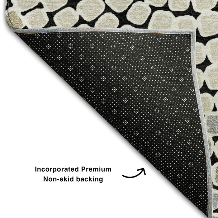 10' X 14' Geometric Washable Area Rug With UV Protection (670105) - Black / Beige / Ivory