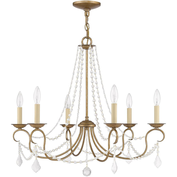 24-inch six-light dimmable chandelier with shades in antiqued gold finish by HomeRoots, showcasing elegant lighting design