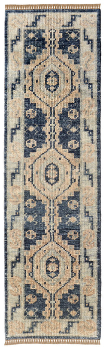 14' Wool Geometric Hand Knotted Runner Rug With Fringe - Blue And Ivory
