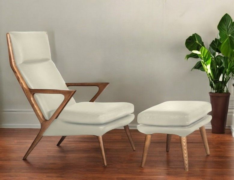 Faux Leather And Walnut Lounge Chair With Ottoman - Beige