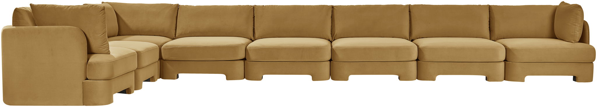 Meridian Furniture Hammond velvet performance fabric L-shaped sectional sofa with eight stationary sections, plush upholstery, and modern design.