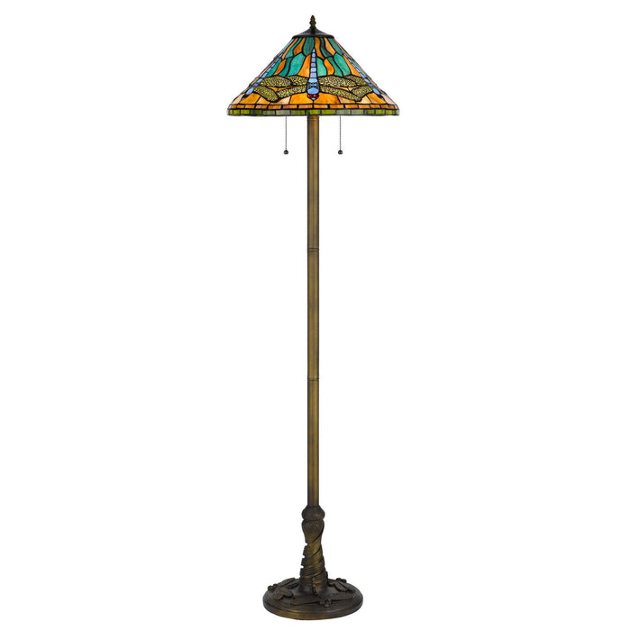 Two Light Traditional Shaped Floor Lamp With Blue And Orange Dragonfly Tiffany Glass Empire Shade - Brass